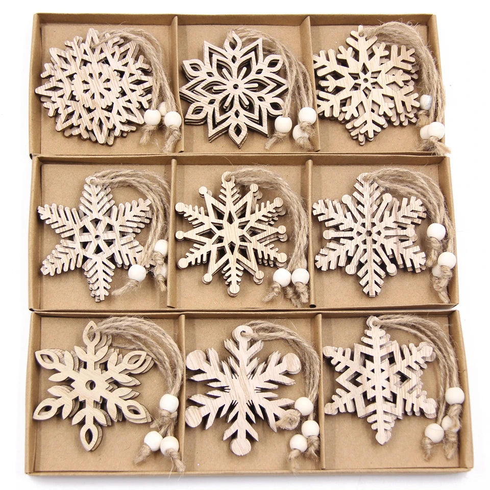 12PCS/Box Wooden Hollow Snowflake Christmas Vintage Pendants Xmas Hanging Ornaments for Noel Tree Decorations DIY Painting Gifts