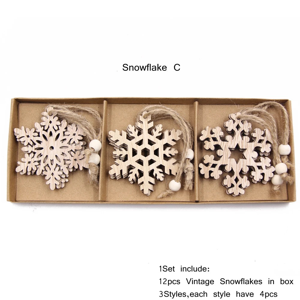 12PCS/Box Wooden Hollow Snowflake Christmas Vintage Pendants Xmas Hanging Ornaments for Noel Tree Decorations DIY Painting Gifts